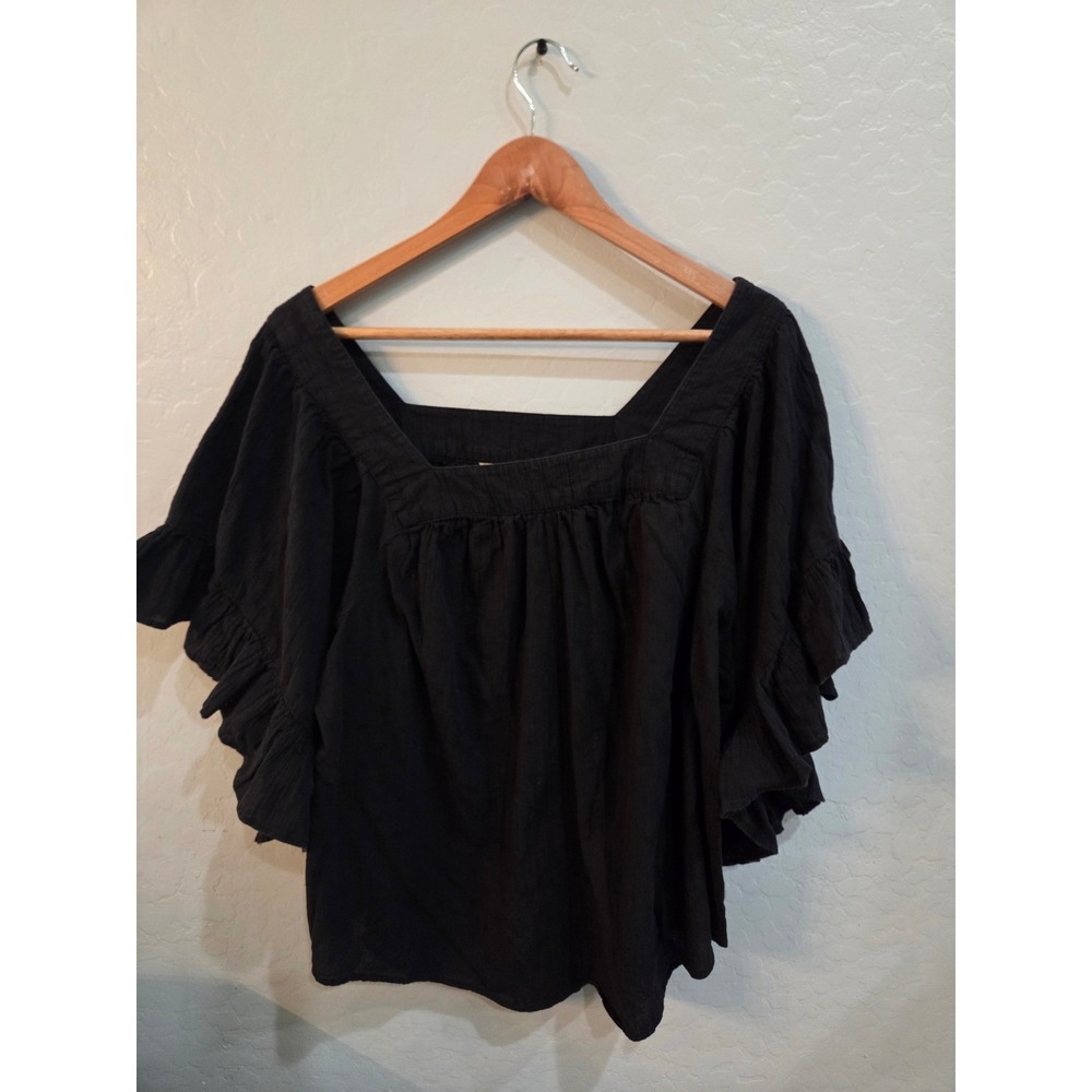Terra & Sky Black Cotton Gauze Ruffle Flutter Sleeve Square Neck Blouse 1X 16-18